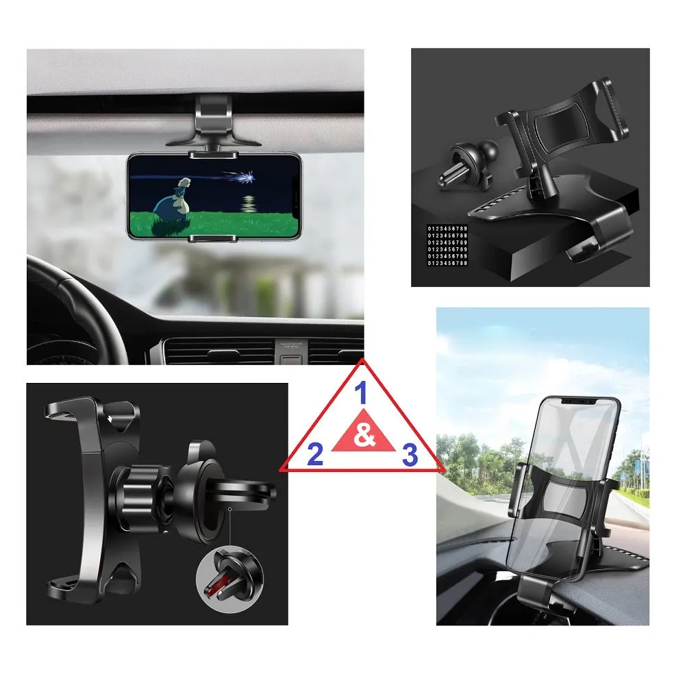 3 in 1 Car GPS Smartphone Holder: Dashboard / Visor Clamp   AC Grid Clip for Energy Sistem Energy Phone Pro Qi - Black