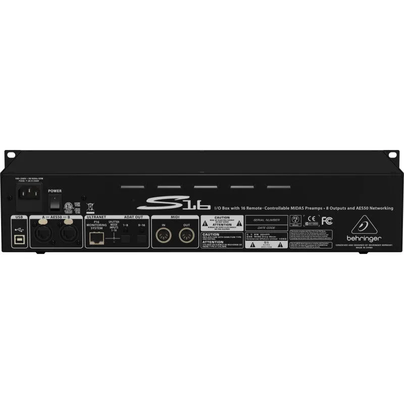 Behringer S16 16-channel Digital Snake, I/O Box with 16 Remote-Controllable Midas Preamps