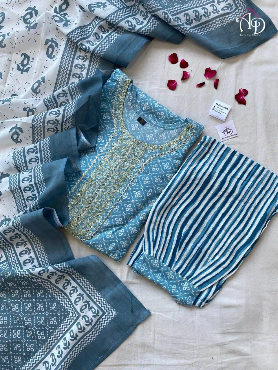 Beutiful Winter Pastel Colored Handblock Printed Kurti Pant Set 