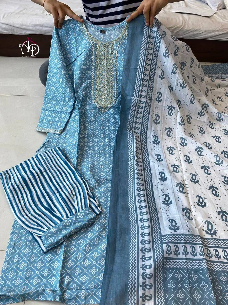 Beutiful Winter Pastel Colored Handblock Printed Kurti Pant Set 