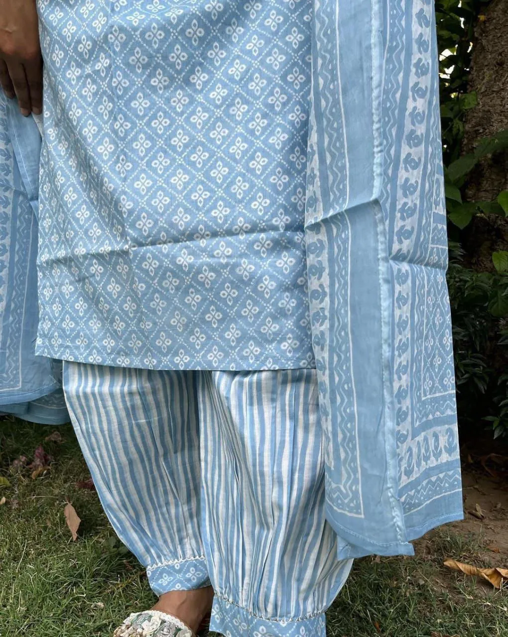 Beutiful Winter Pastel Colored Handblock Printed Kurti Pant Set 