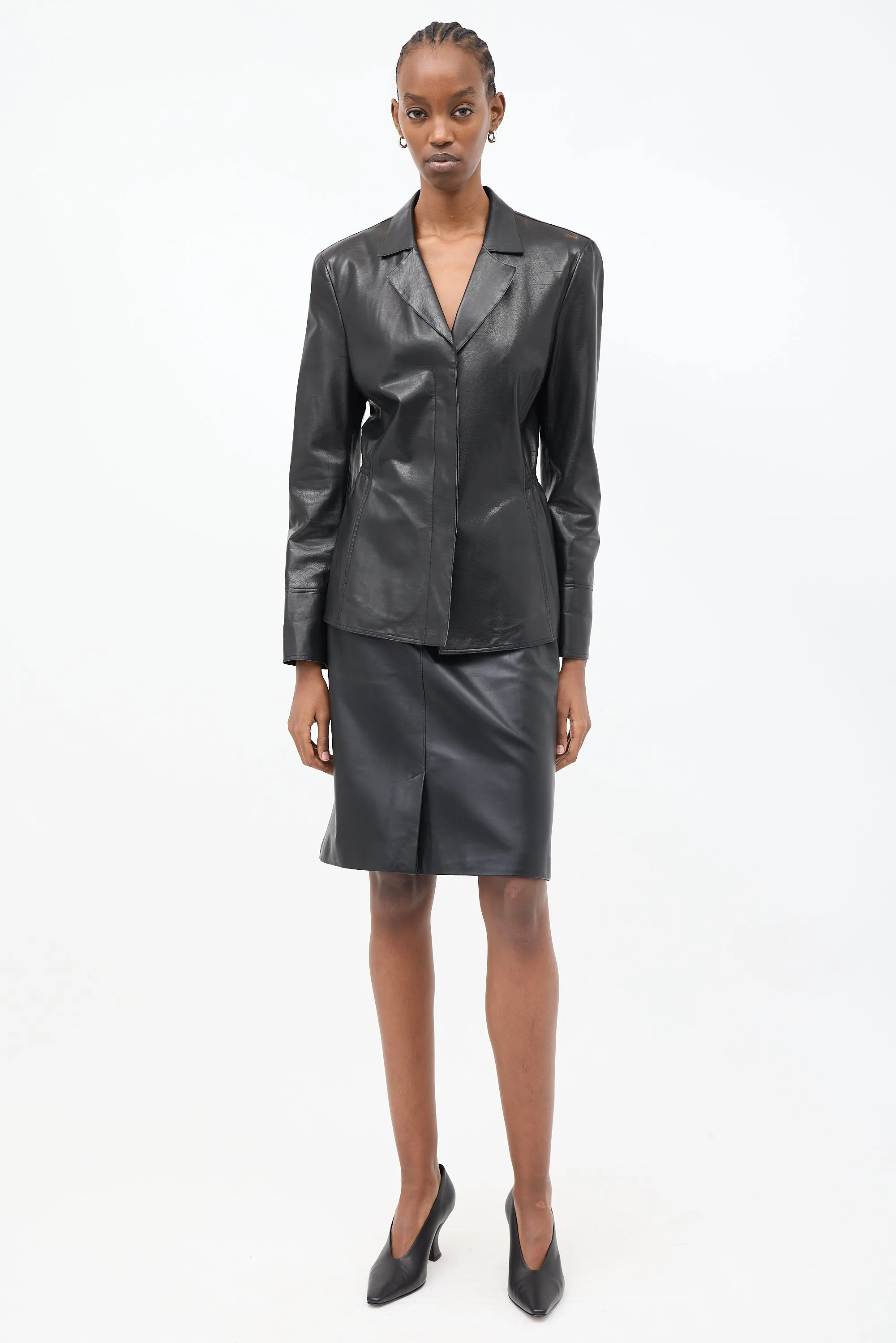 Black Leather Elasticized Waist Blazer