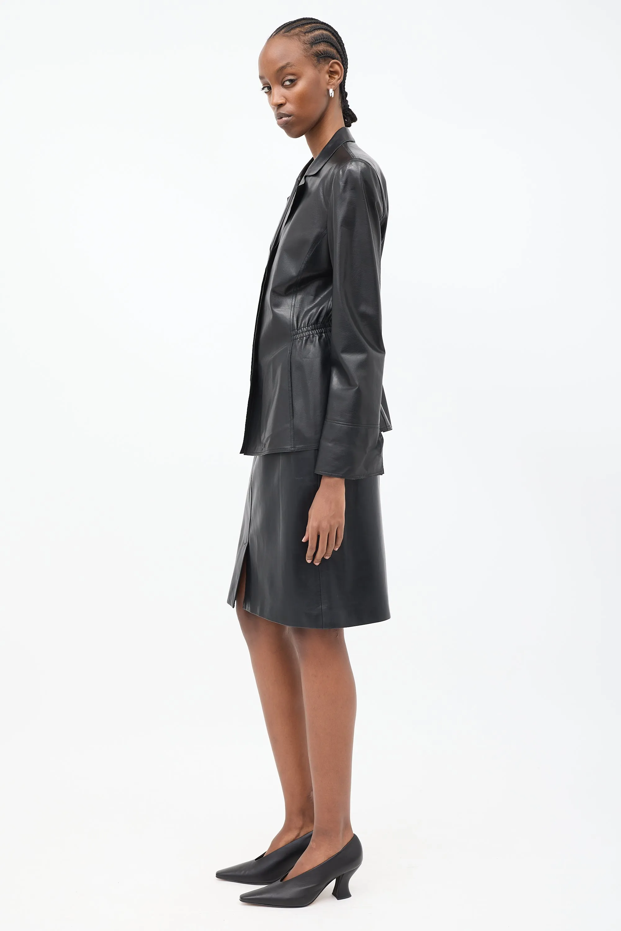 Black Leather Elasticized Waist Blazer