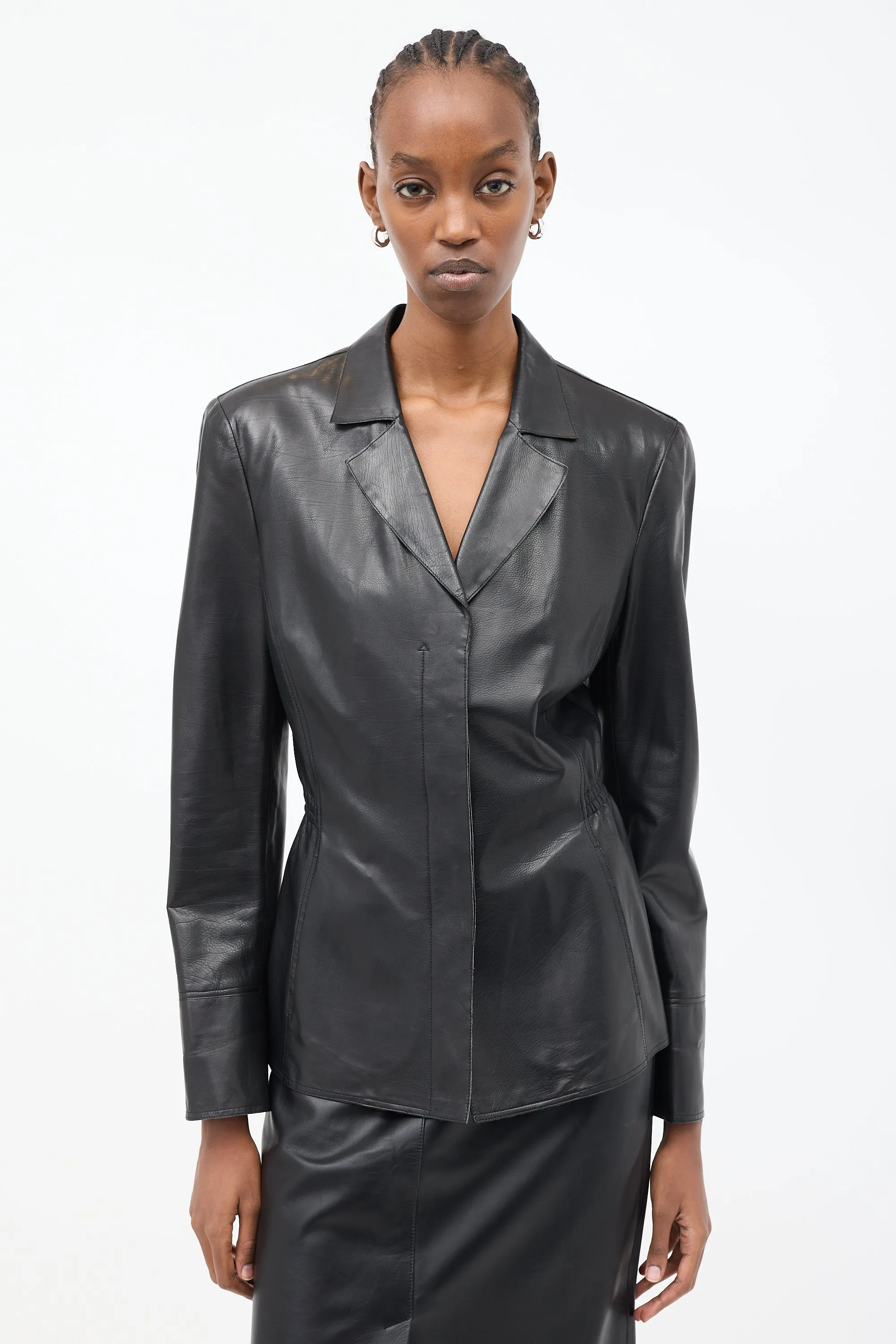 Black Leather Elasticized Waist Blazer