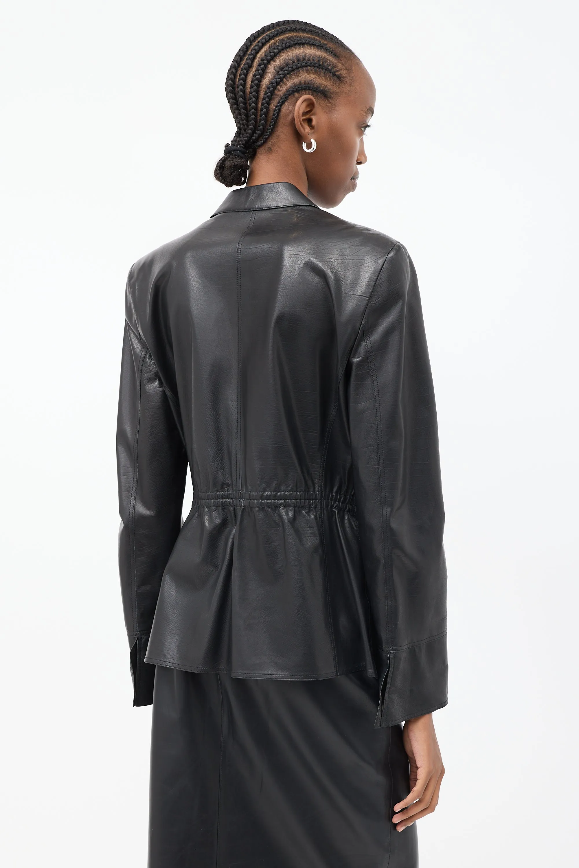 Black Leather Elasticized Waist Blazer