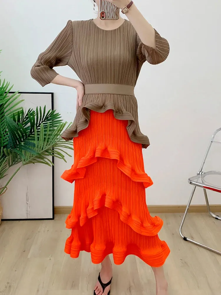Color Block Patchwork Pleated Dress Women Elegant Round Neck Long Sleeves Belt Dresses