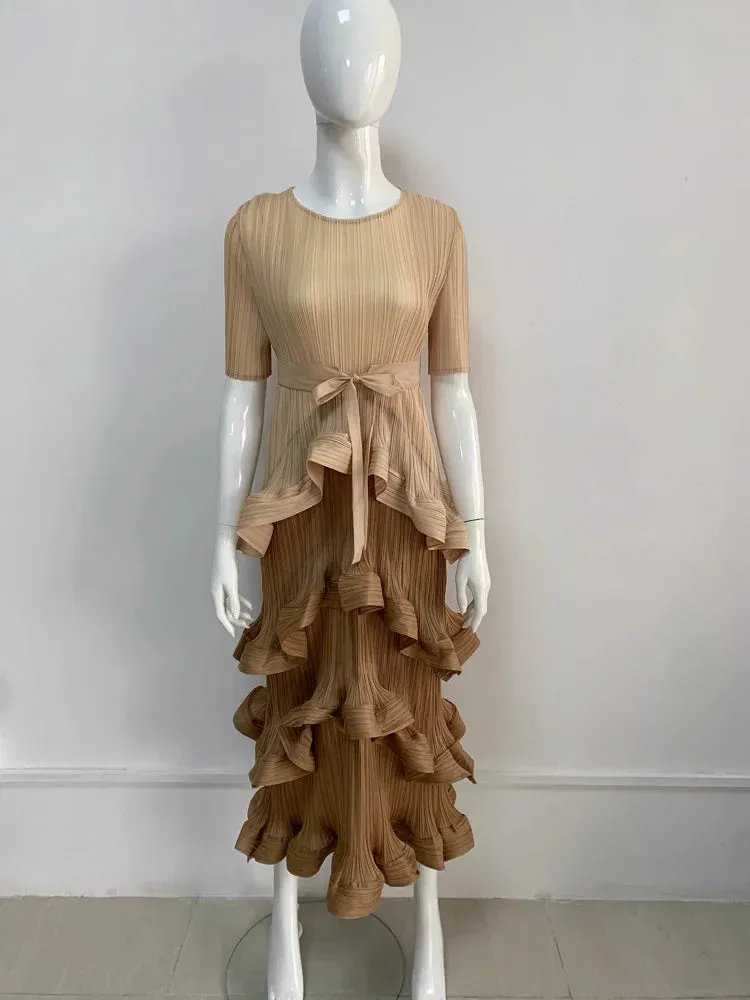 Color Block Patchwork Pleated Dress Women Elegant Round Neck Long Sleeves Belt Dresses