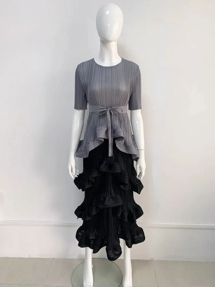 Color Block Patchwork Pleated Dress Women Elegant Round Neck Long Sleeves Belt Dresses