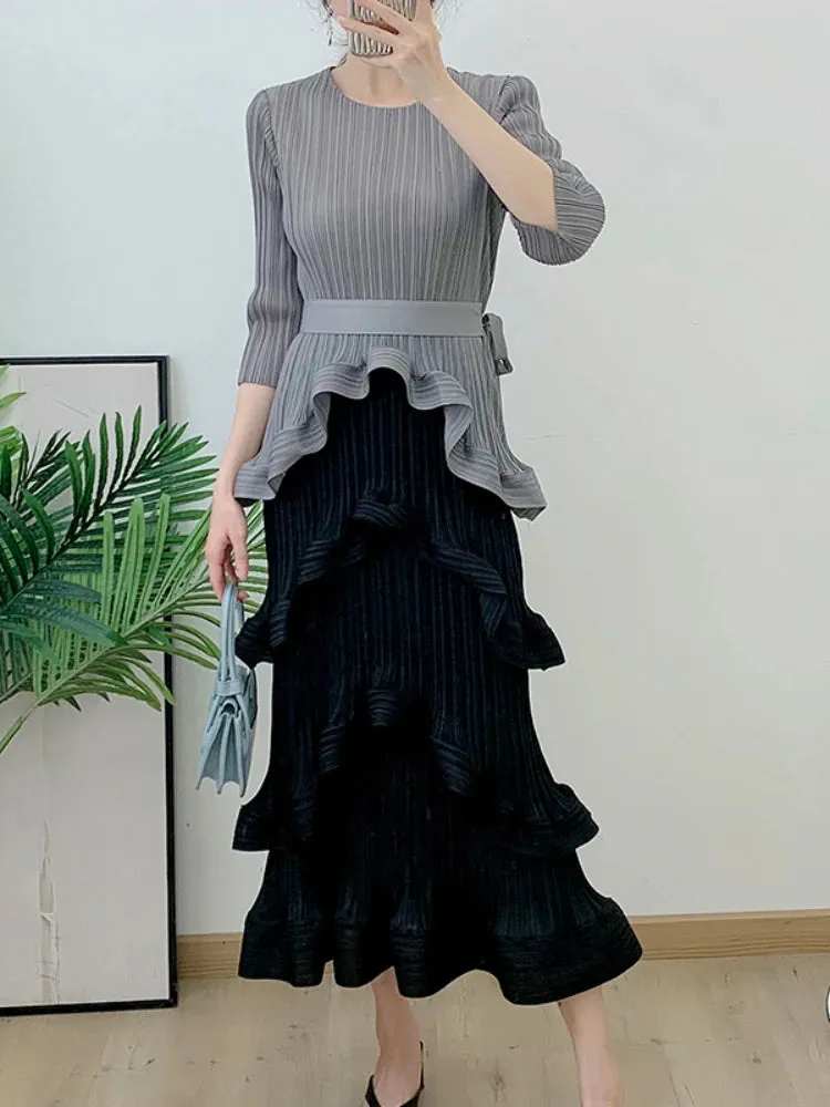 Color Block Patchwork Pleated Dress Women Elegant Round Neck Long Sleeves Belt Dresses