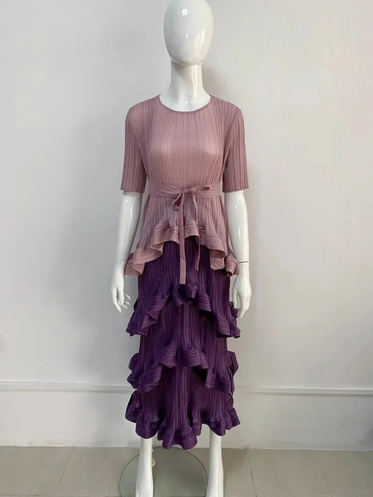 Color Block Patchwork Pleated Dress Women Elegant Round Neck Long Sleeves Belt Dresses
