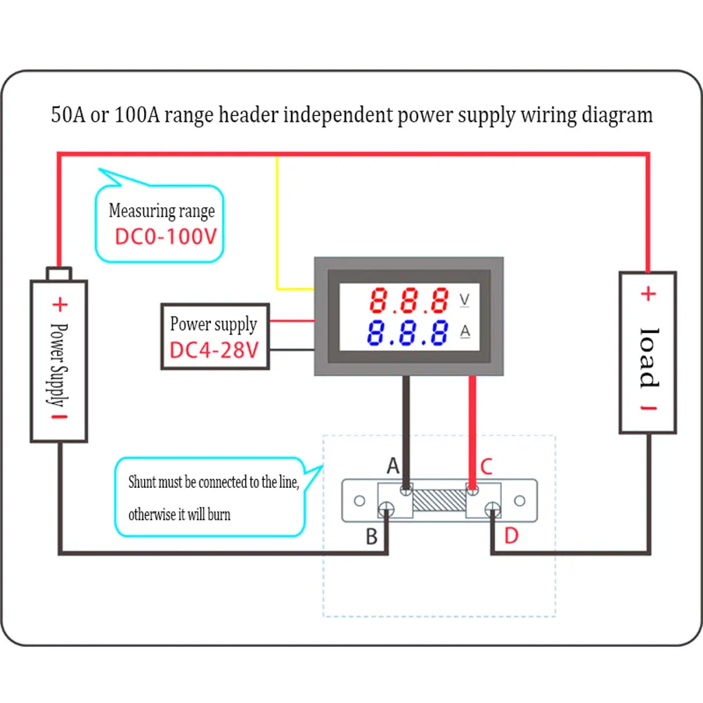 Dual Led 0.28 ” Display for DC0-100V Voltage and Current Digital Meter Red and Black 0-100A with Shunt