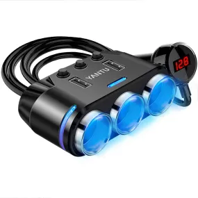 premium Obr 3-Sockets Wired Cigarette Lighter Splitter 12V Cigarette Lighter Adapter with LED Display Dual USB Port Car Charger On/Off Switches
