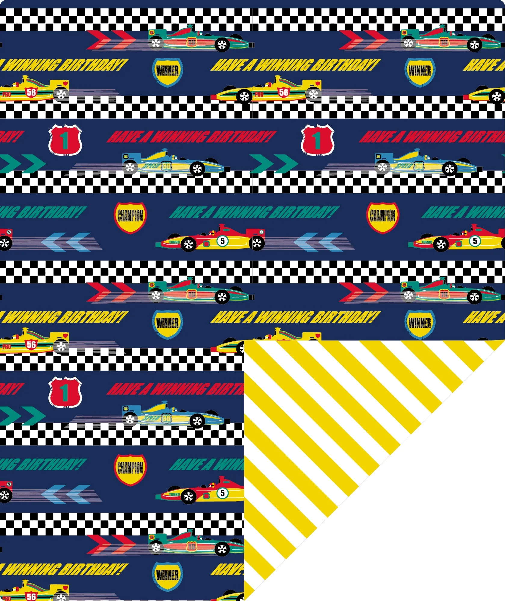 Racing Cars Boy's Birthday Wrapping Paper wtih Yellow Stripe on Reverse
