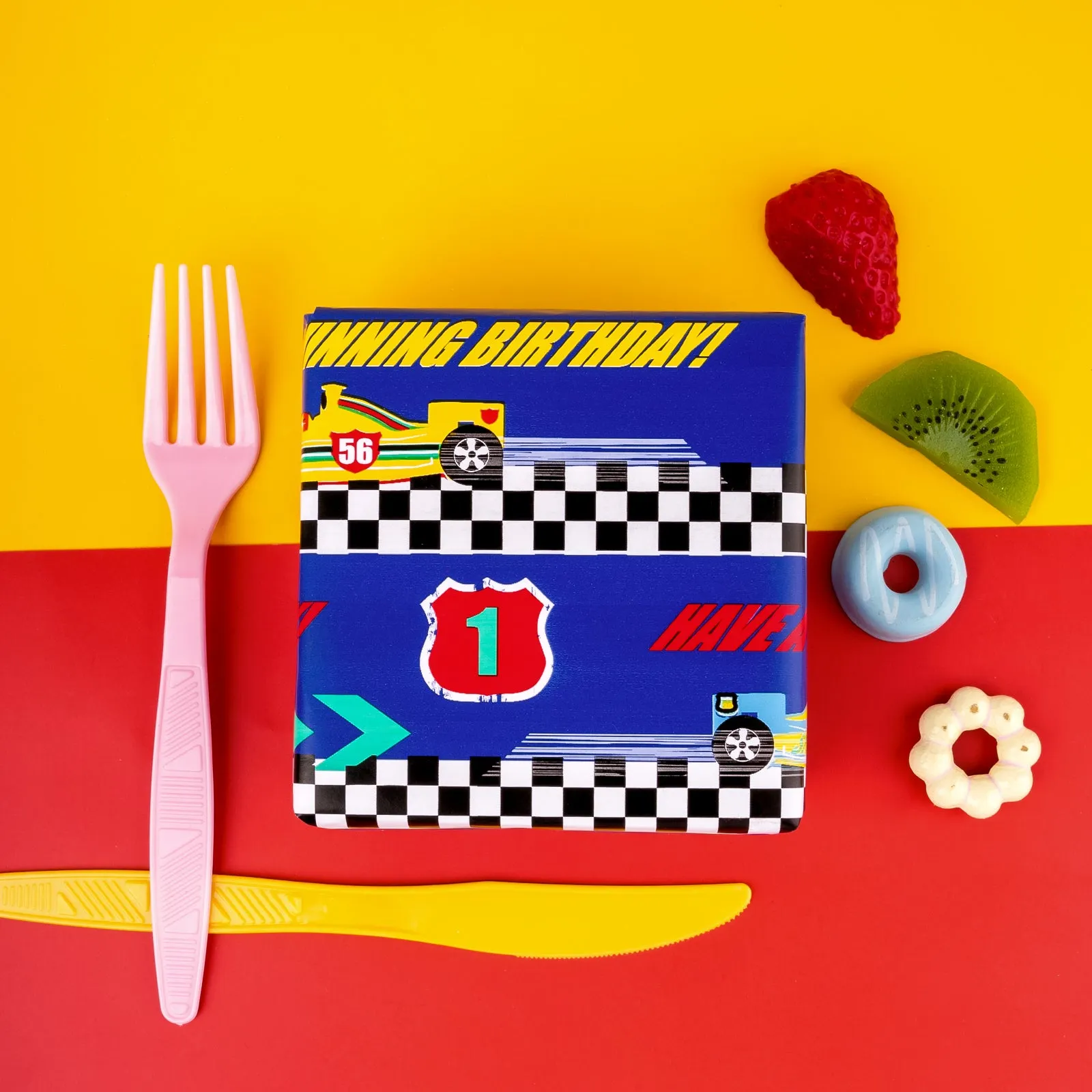 Racing Cars Boy's Birthday Wrapping Paper wtih Yellow Stripe on Reverse