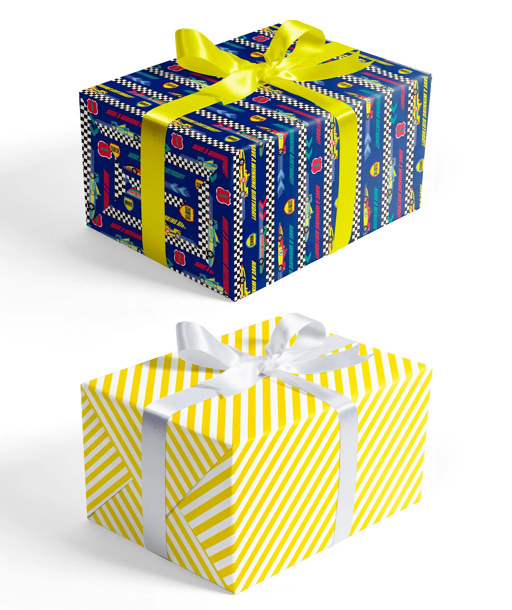 Racing Cars Boy's Birthday Wrapping Paper wtih Yellow Stripe on Reverse