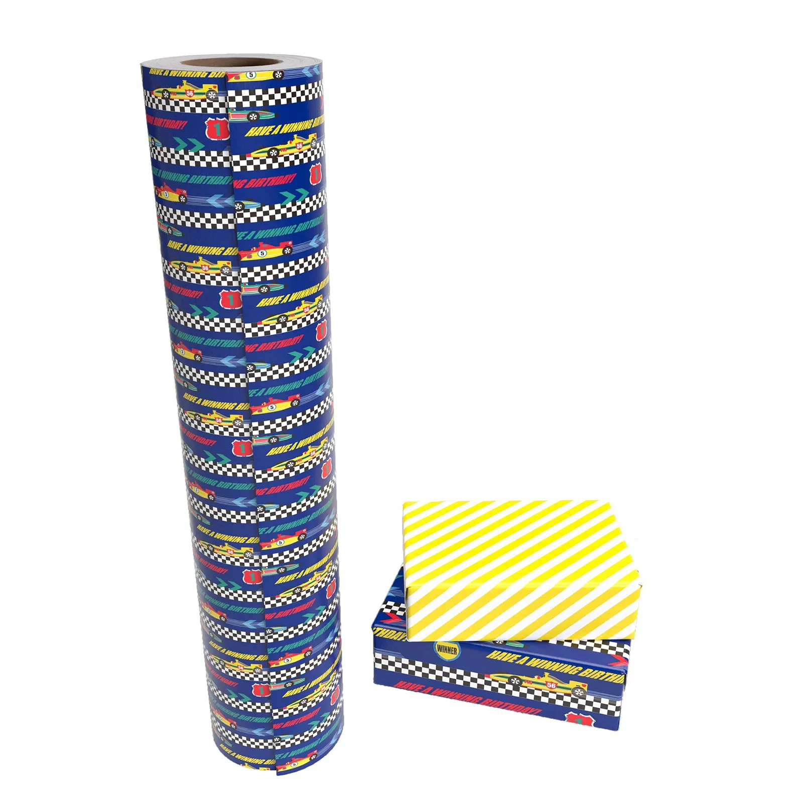 Racing Cars Boy's Birthday Wrapping Paper wtih Yellow Stripe on Reverse
