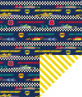 Racing Cars Boy's Birthday Wrapping Paper wtih Yellow Stripe on Reverse