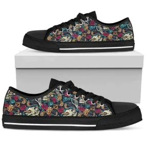 Skull Rose Snake Red Canvas Low Top Shoes, Low Top Sneaker, Low Top Canvas Shoes