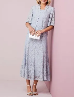 Two Piece A-line Calf Length Scalloped Neck Lace Mother of Bride Dress, Coat